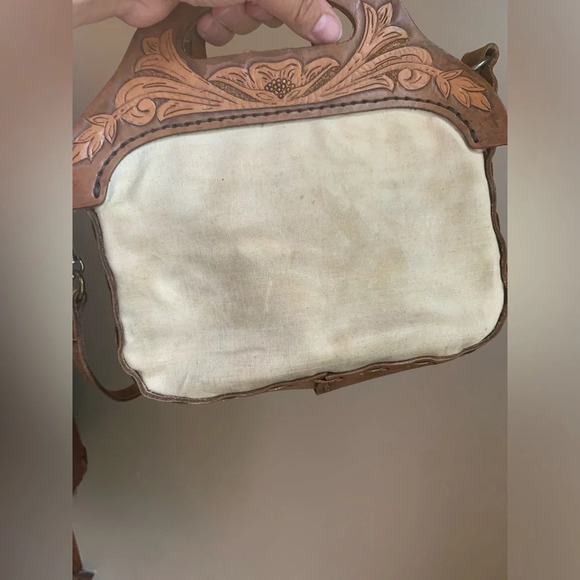 Leather vintage 70’s purse handtooled bag crossbody canvas hippie boho western - Picture 6 of 10